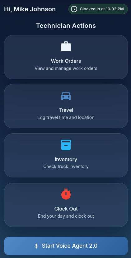 AI Technician Workflow mobile app — voice-controlled actions dashboard