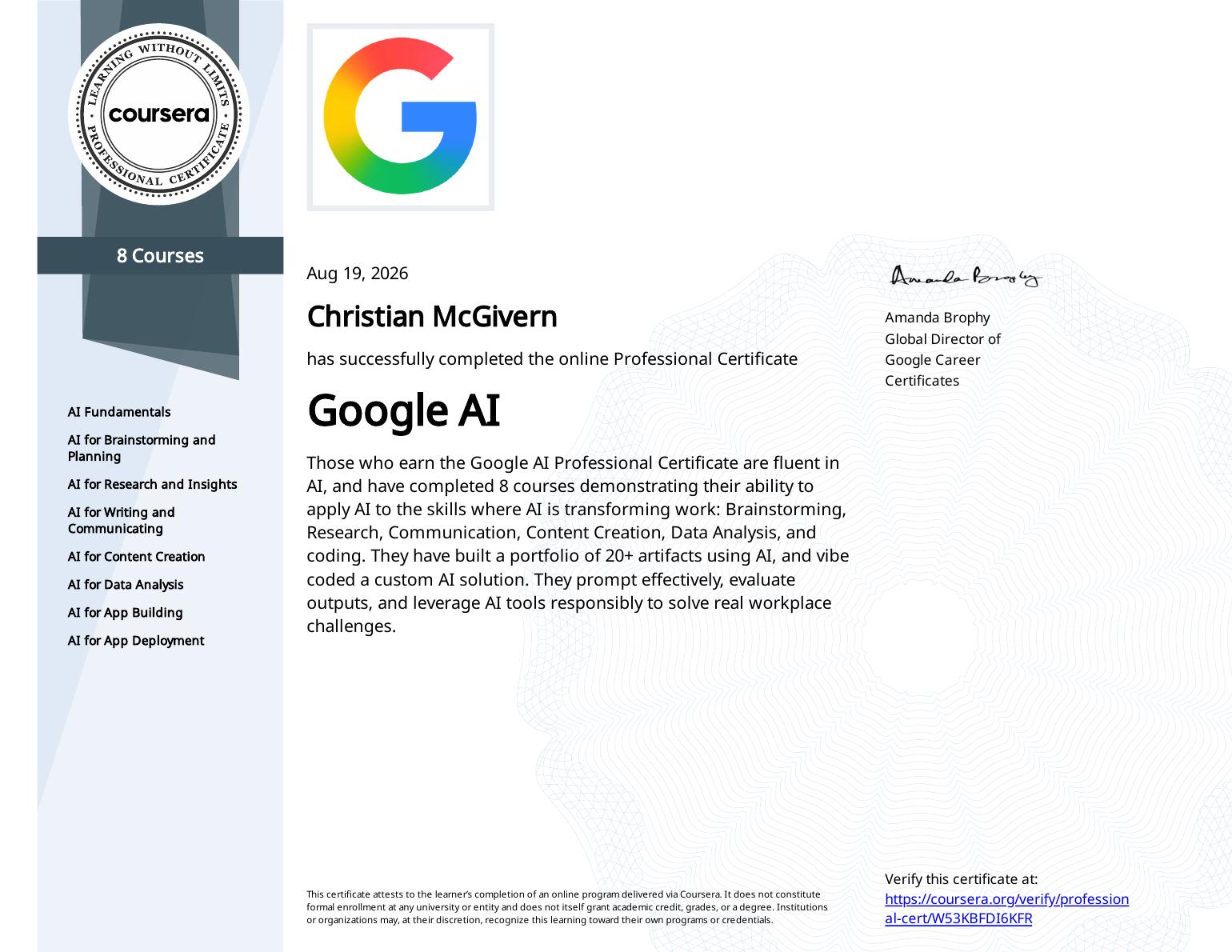Google AI Fundamentals professional certificate